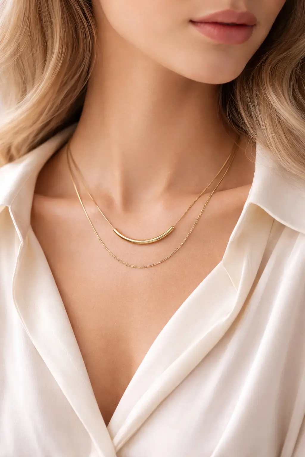 Curved Gold bar with Snake Chain Necklace